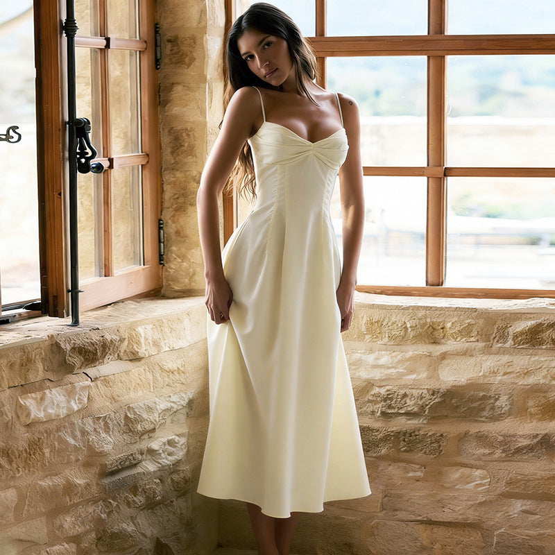 Damen Maxikleid mit tiefem V-Ausschnitt und fließendem Rock Drune