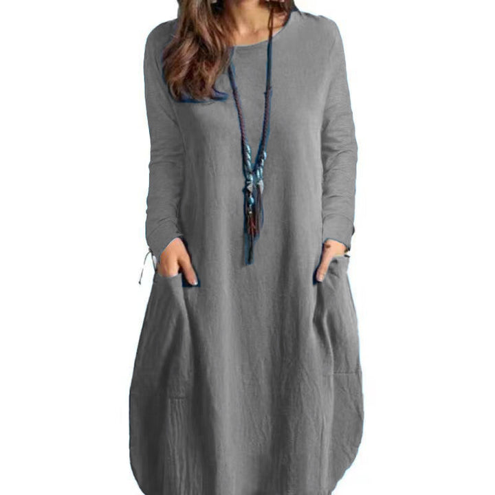 Damen lässiges Freizeitkleid mit seitlichen Taschen und Rundhalsausschnitt Drune