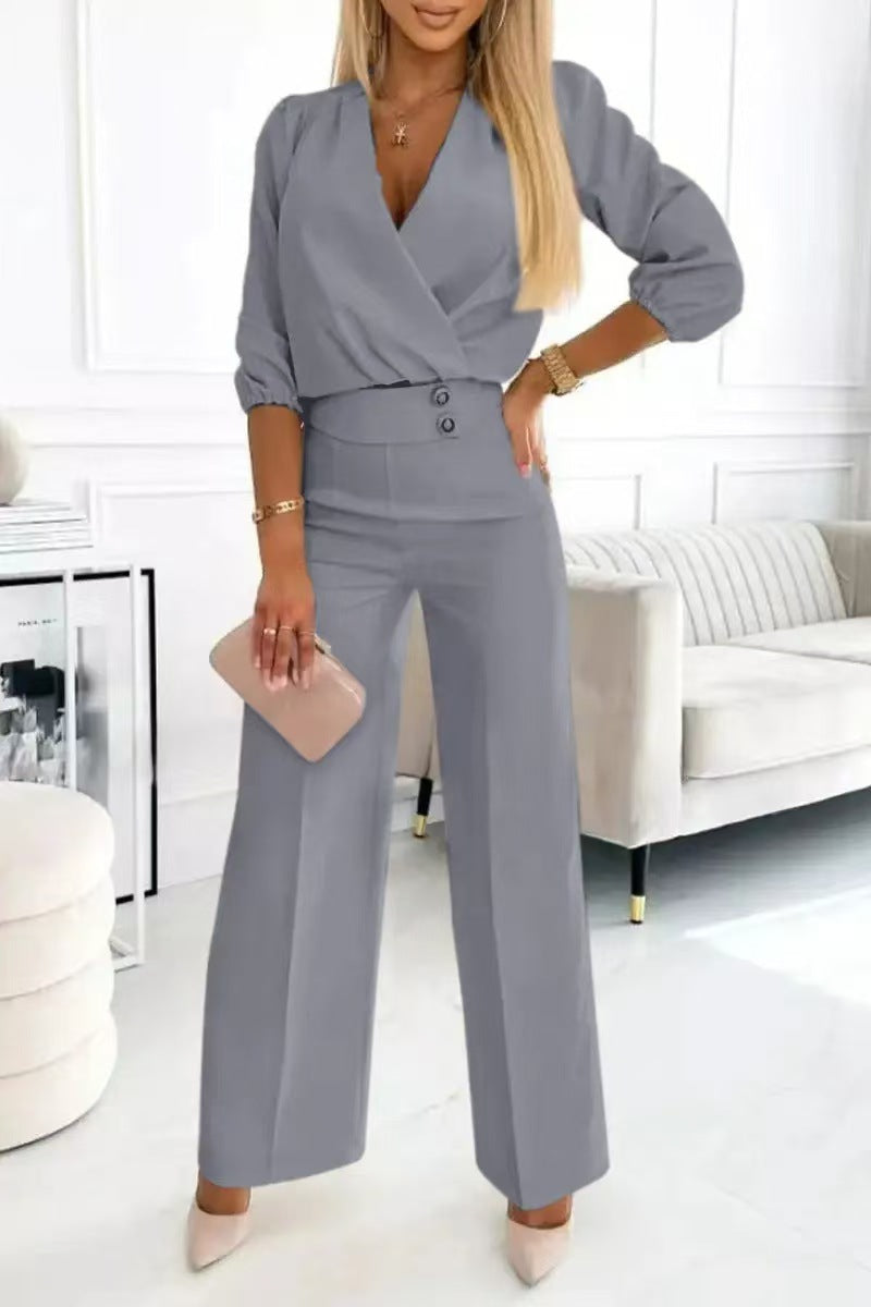 Damen eleganter Jumpsuit mit Wickeloberteil und hochtaillierten Beinen Drune