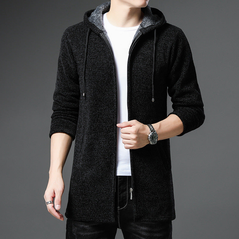 Herren nan urbaner Kapuzen-Strickmantel mit Teddyfutter, verdecktem Reißverschluss und seitlichen Eingrifftaschen Drune