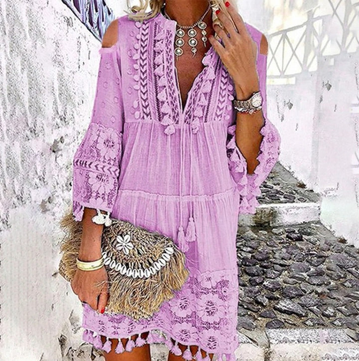 Damen Boho-Tunika mit Spitzendetails und offenen Schultern Drune