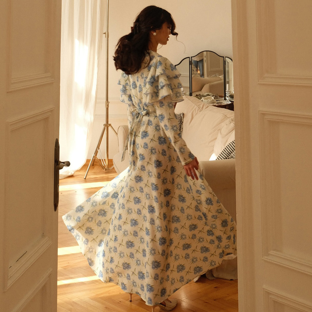 Damen Maxi-Kleid mit romantichem Rüschendesign und floralen Details Drune