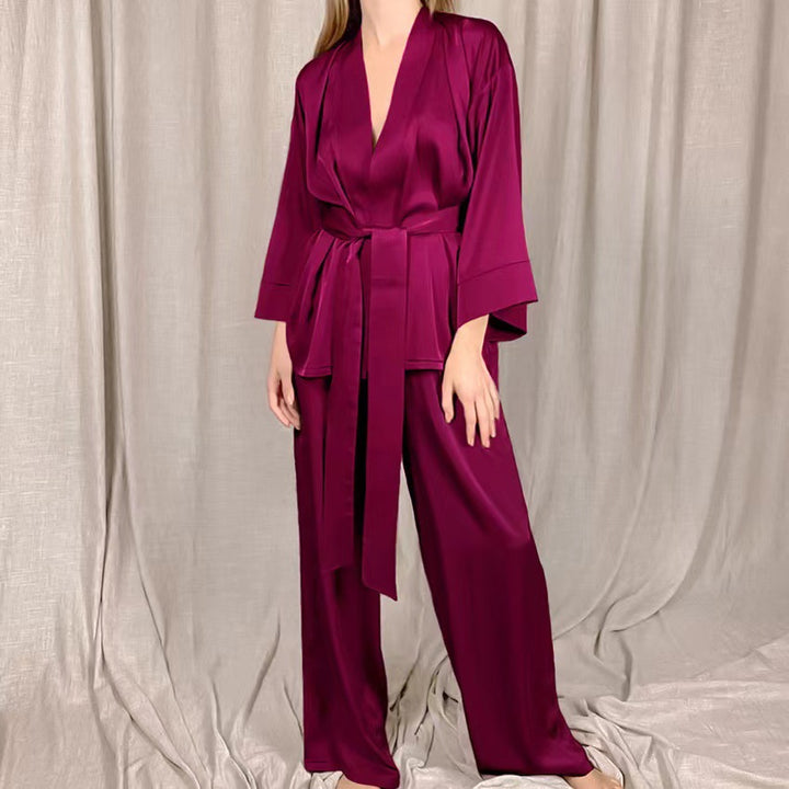 Damen satinierter Kimono-Style Morgenmantel und Hose Set Drune