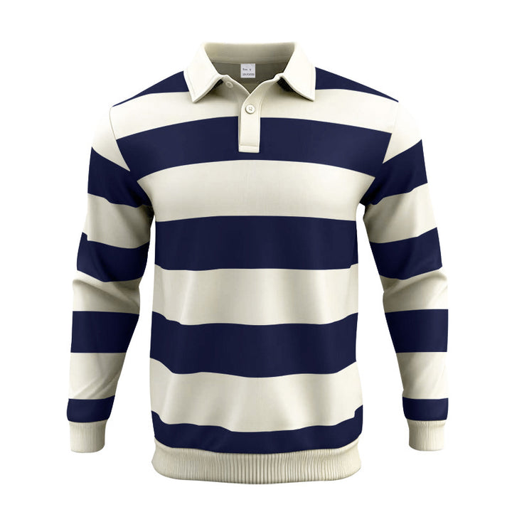 Herren nan gestreiftes Rugby-Polo Langarmshirt mit breiten Querstreifen, klassischem Polokragen und gerippten Abschlüssen Drune