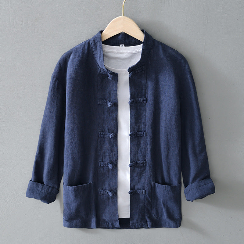 Herren nan leichte Leinenjacke im traditionellen chinesischen Stil mit Stehkragen und Knotenverschlüssen Drune