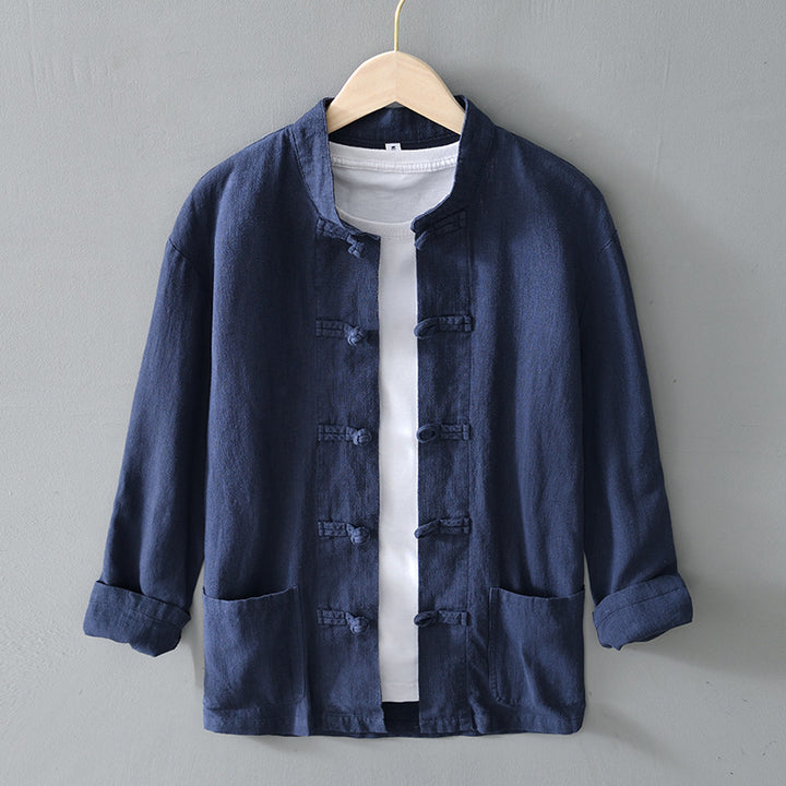 Herren nan leichte Leinenjacke im traditionellen chinesischen Stil mit Stehkragen und Knotenverschlüssen Drune