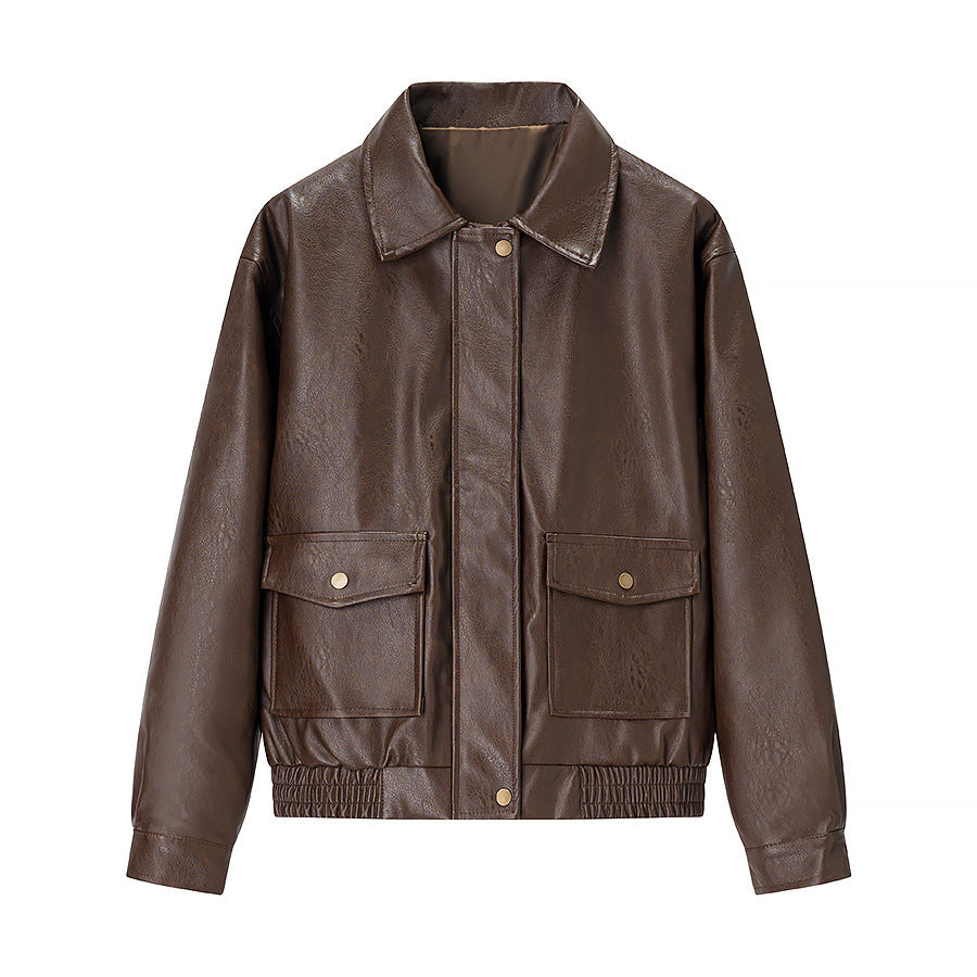 Damen Modische Kunstlederjacke mit praktischen Taschen und lässigem Schnitt Drune