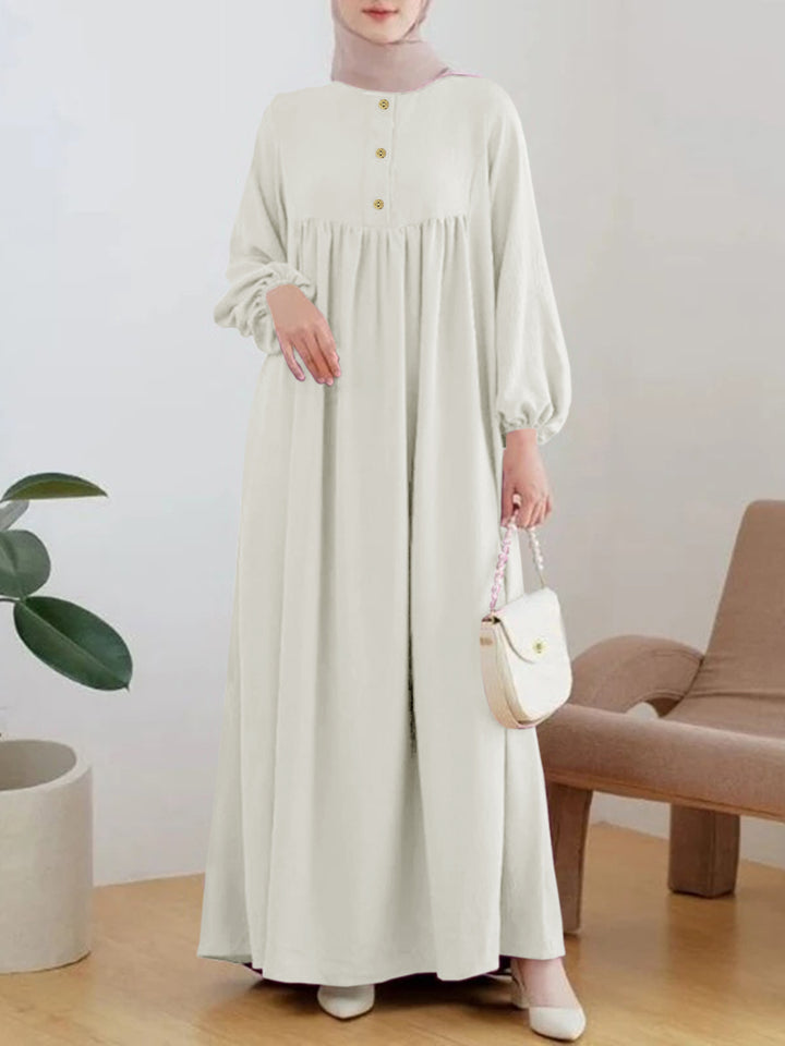Damen luftiges Maxikleid mit bequemer Knopfleiste und eleganten Puffärmeln Drune