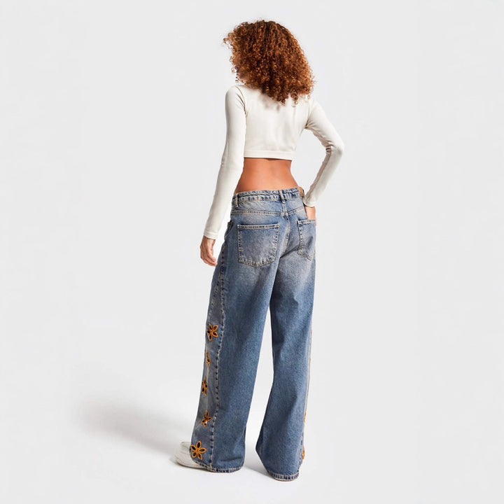 Damen weite Jeans mit floralem Stickdesign Drune