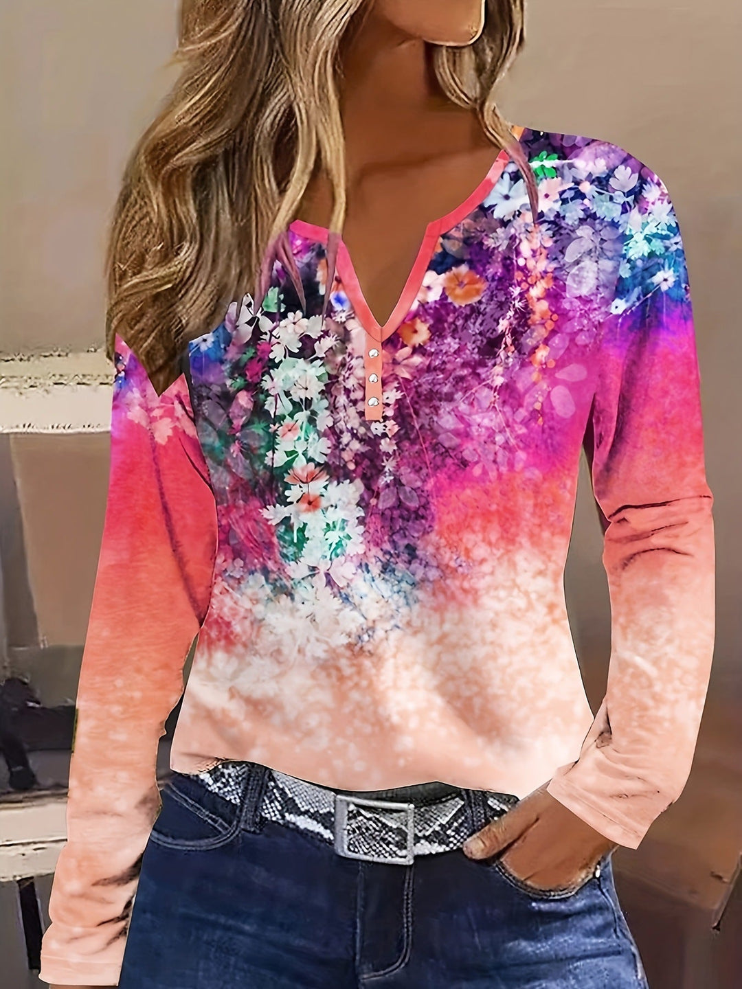 Drune | Floral Rundhals Langarmshirt
