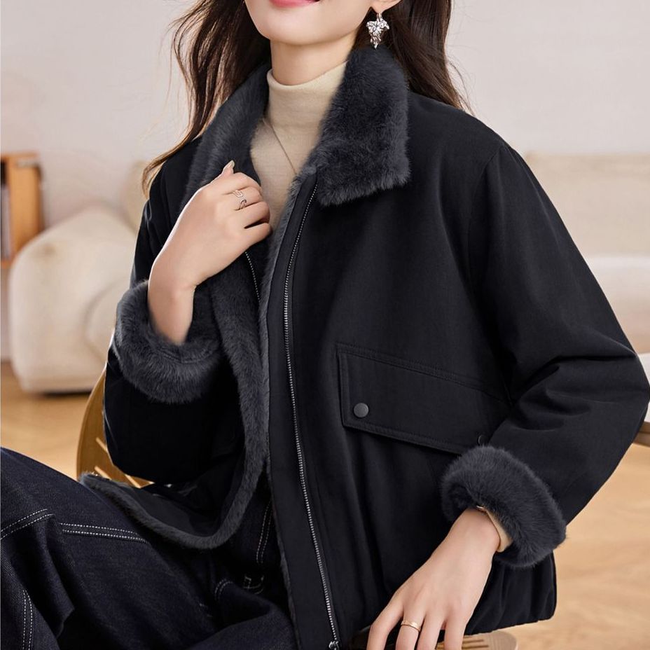Damen warme Steppjacke mit flauschigem Kragen und praktischen Taschen Drune