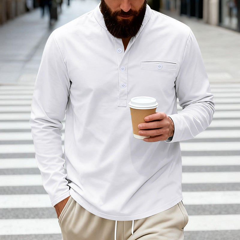 Herren nan langärmeliges Henley-Shirt mit Stehkragen, Brusttasche und dekorativer Knopfleiste Drune