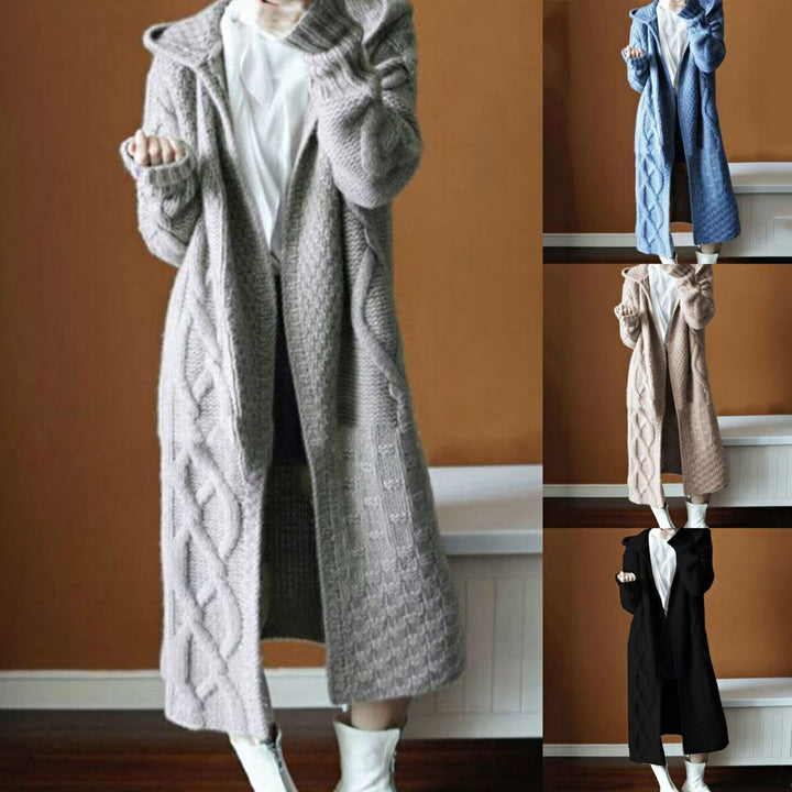 Damen Langer Strickmantel mit Kapuze und Kabelmuster Drune