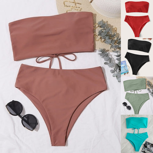 Damen Bandeau-Bikini-Set mit hohem Schnitt und elegantem Wickeldetail Drune
