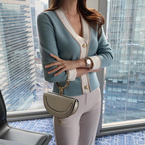 Damen modischer Cardigan mit elegantem Knopfdesign und Kontraststreifen Drune