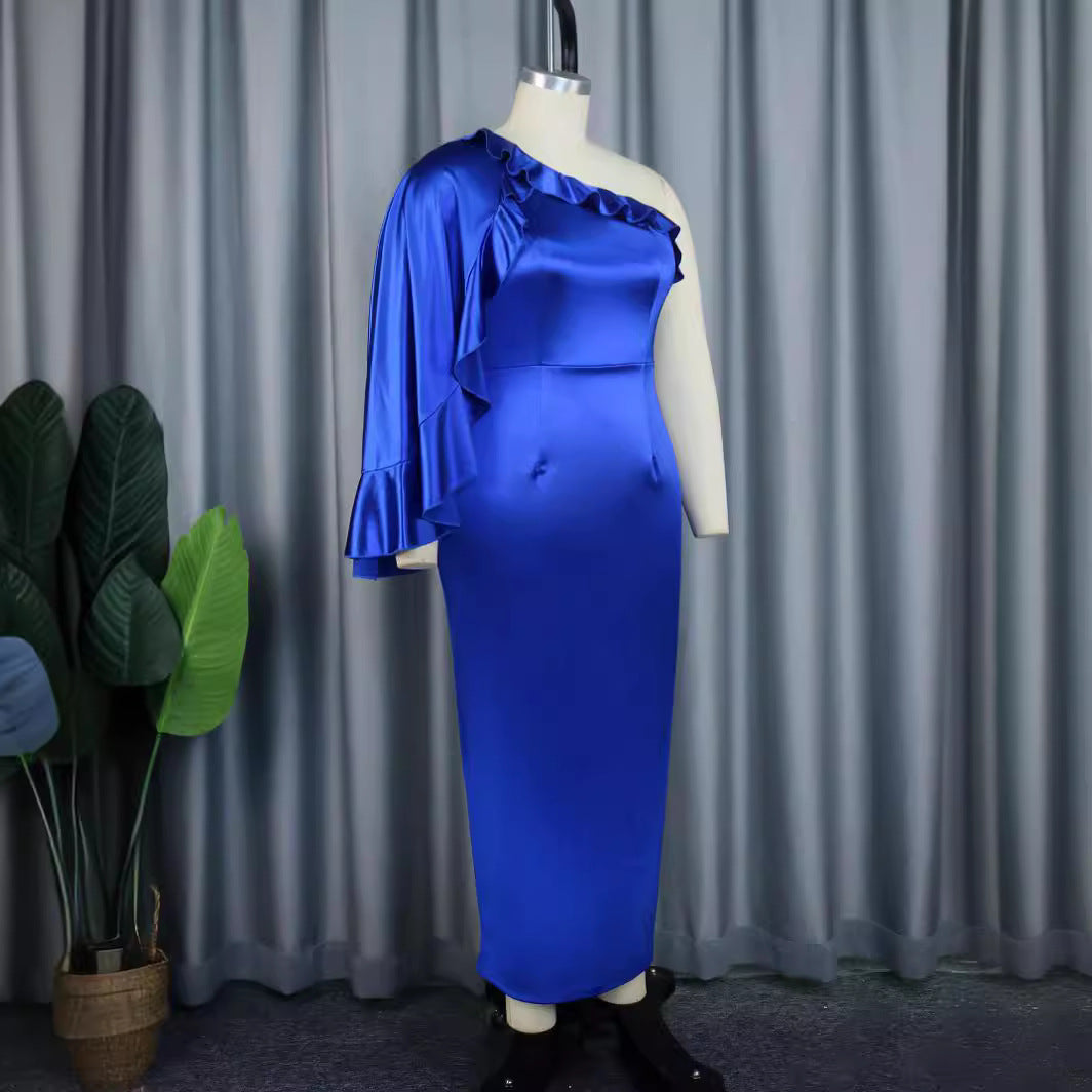 Damen elegantes Maxikleid mit asymmetrischem Rüschendesign Drune
