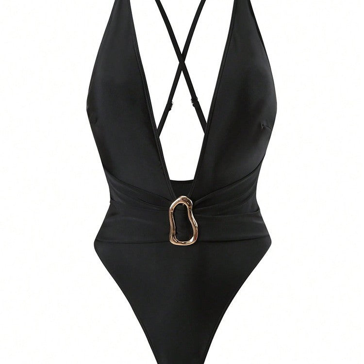 Damen Einteiler Badeanzug mit tiefem V-Ausschnitt und elegantem Gürtel Drune