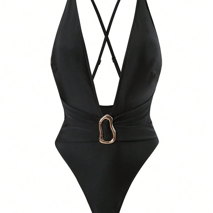 Damen Einteiler Badeanzug mit tiefem V-Ausschnitt und elegantem Gürtel Drune