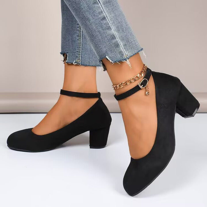 Damen Elegante Pumps mit breitem Blockabsatz und verstellbarem Knöchelriemen Drune