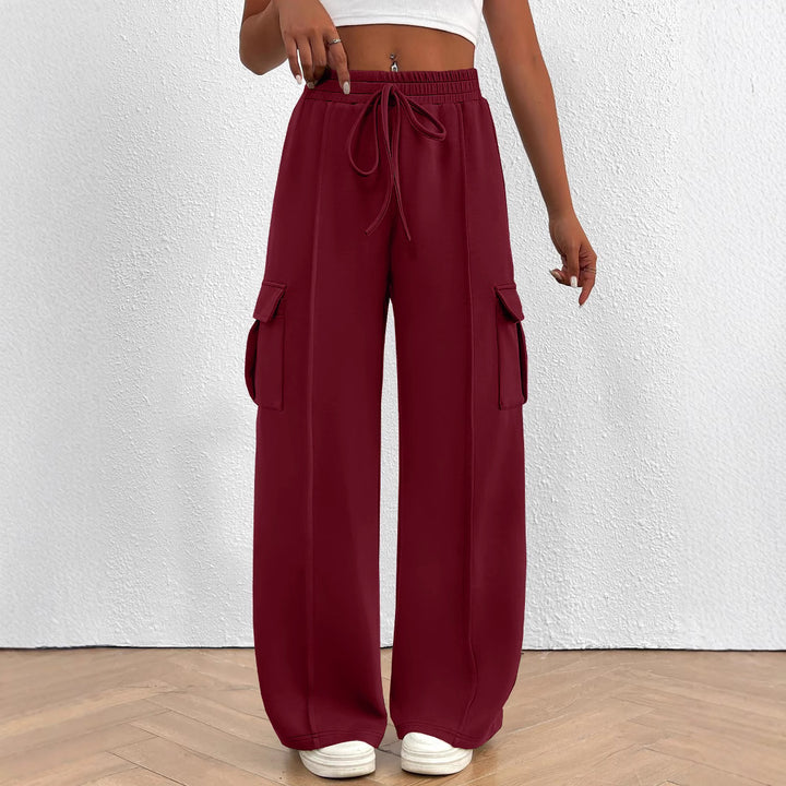 Damen breite Cargo-Hose mit elastischem Taillenbund und praktischen Taschen Drune