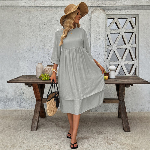 Damen lässiges Midi-Kleid mit schwingendem Rock und eleganten Puffärmeln Drune