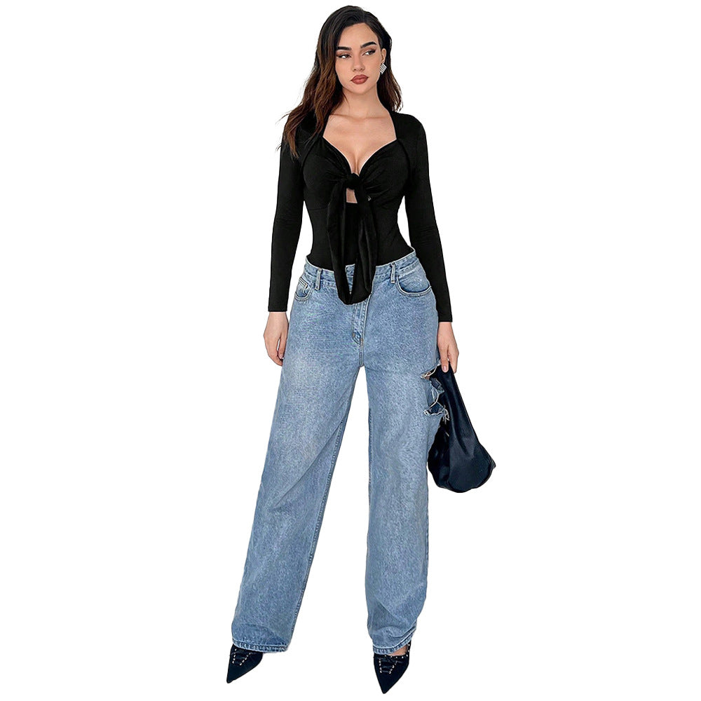 Damen Eleganter Bodysuit mit Knoten-Detail und tiefem V-Ausschnitt Drune