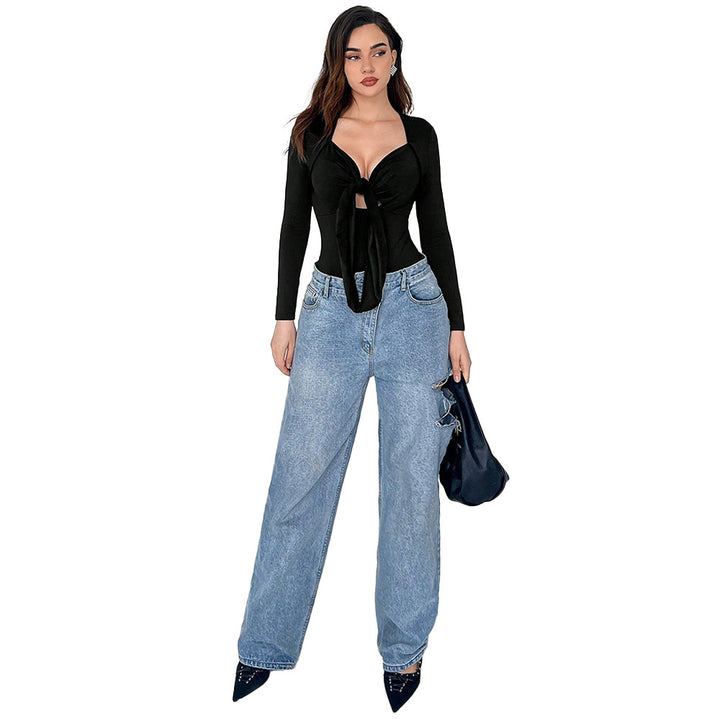 Damen Eleganter Bodysuit mit Knoten-Detail und tiefem V-Ausschnitt Drune