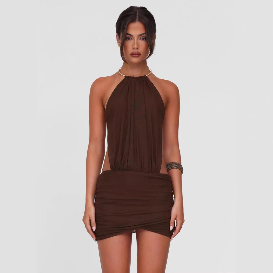 Damen elegantes Minikleid mit schickem Ringverschluss Drune