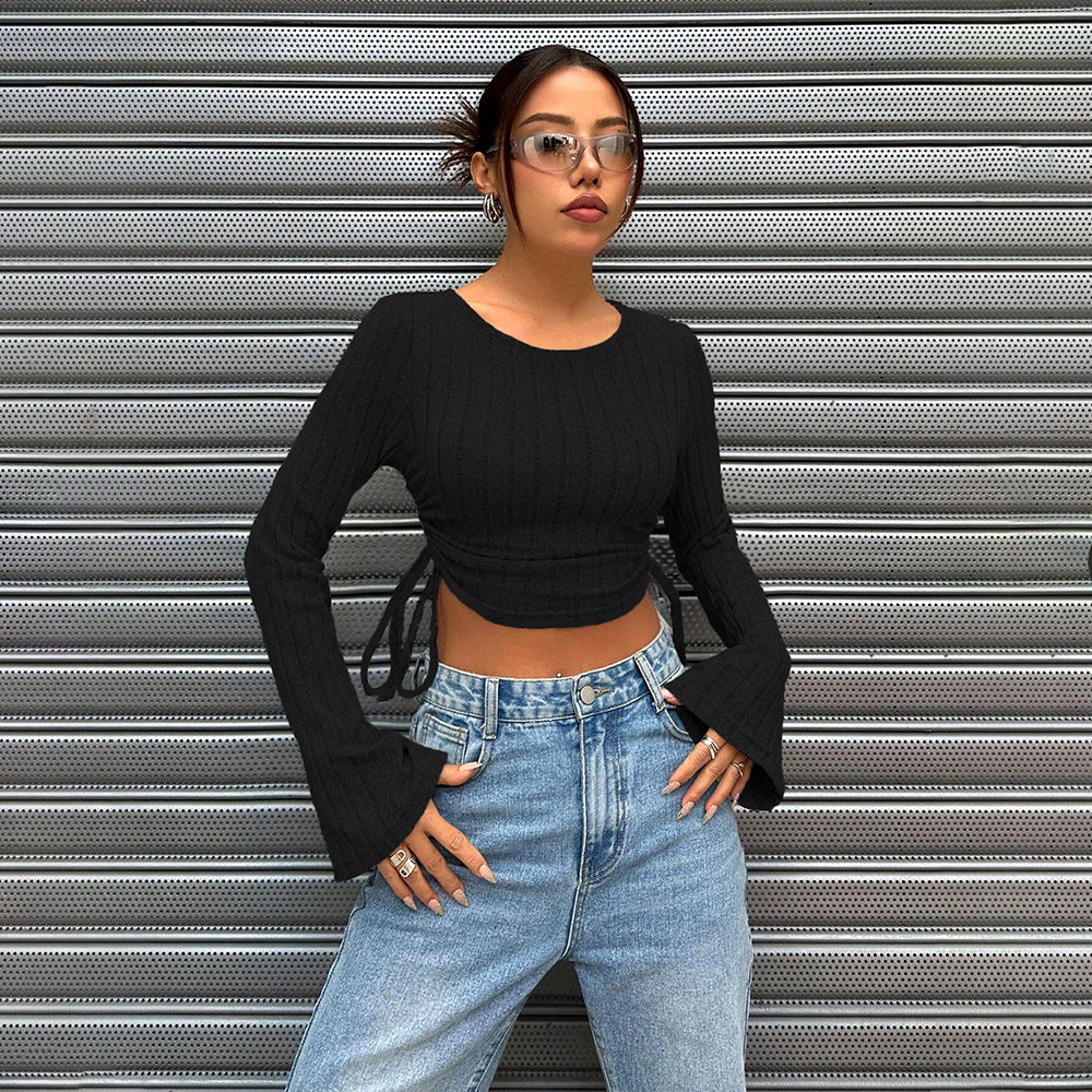 Damen cropped Langarmoberteil mit modischem Rippstrick und Bindedetail Drune