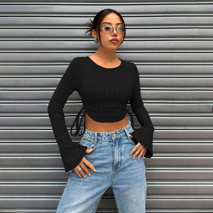 Damen cropped Langarmoberteil mit modischem Rippstrick und Bindedetail Drune