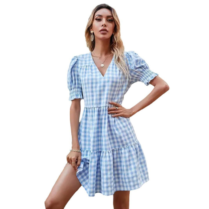 Damen Gingham-Kleid mit Volant und Puffärmeln Drune