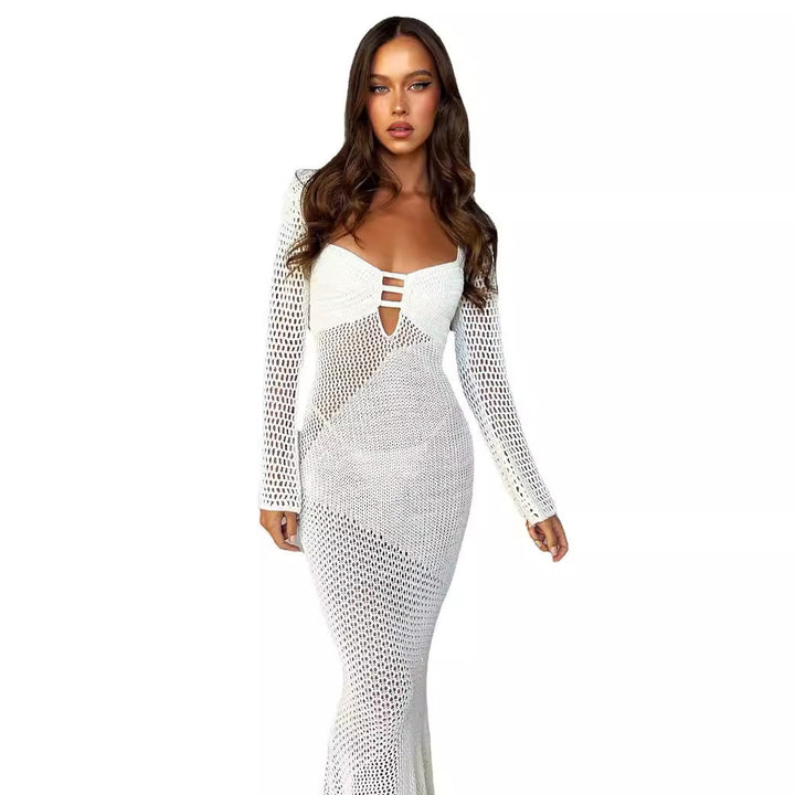 Damen langes Häkelkleid mit V-Ausschnitt und dekorativen Cut-Outs Drune