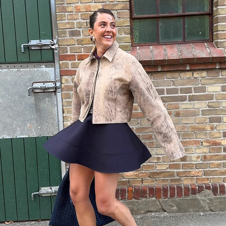 Damen modische Wildlederjacke mit voluminösen Ärmel Drune