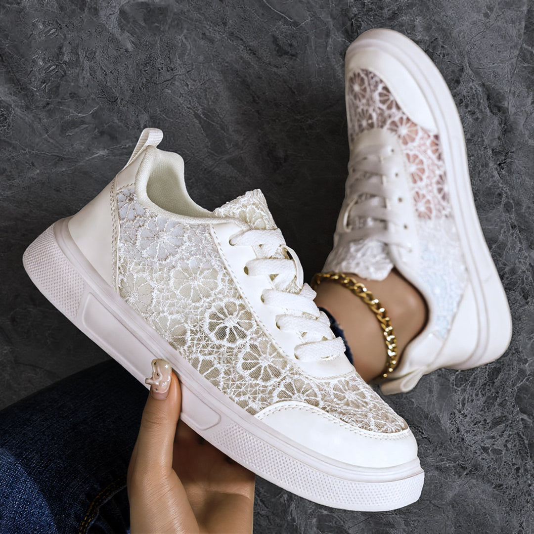 Damen nan eleganter Plateausneaker mit feinem Spitzenbesatz, gepolstertem Fersenkragen und stoßdämpfender EVA-Sohle Drune