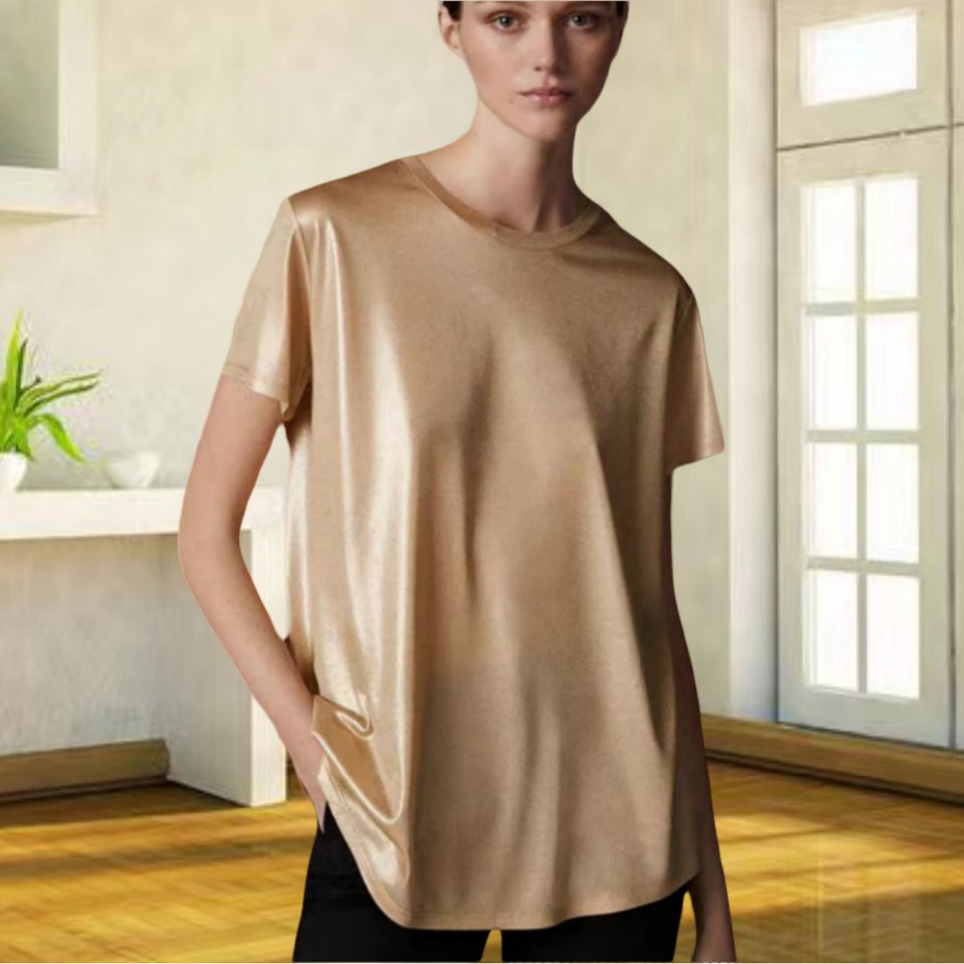 Damen Elegantes glänzendes T-Shirt mit Rundhalsausschnitt und lockerer Passform Drune