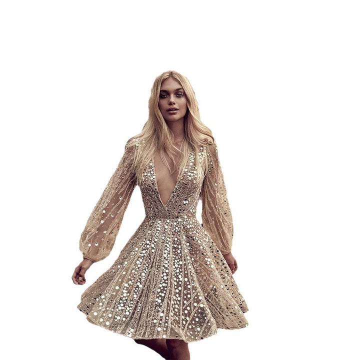 Damen Paillettenbesetztes Tüllkleid mit transparenten Ärmeln und schwingendem Rock Drune