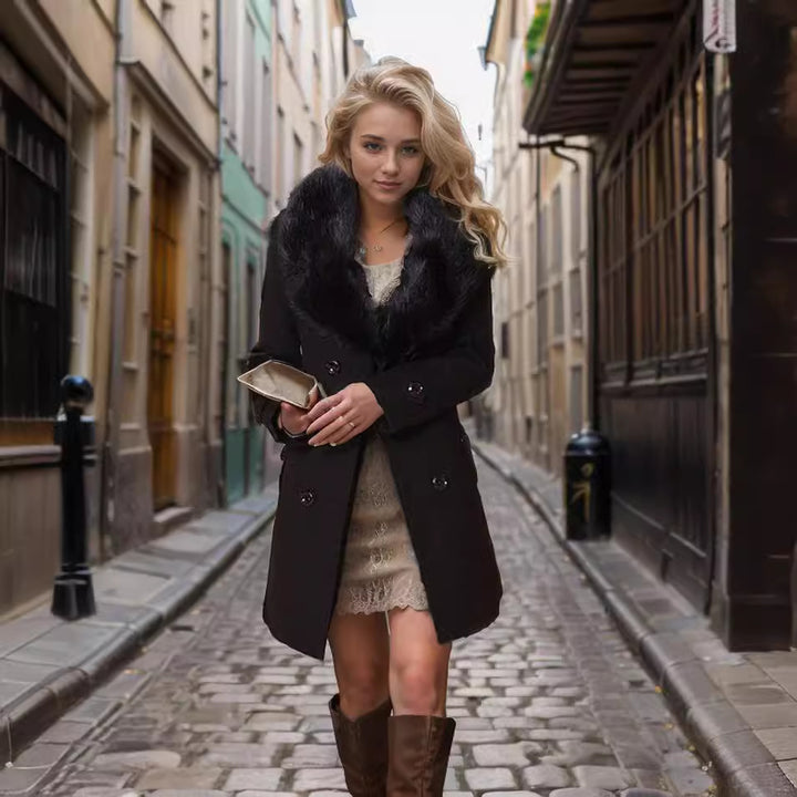 Damen eleganter Trenchcoat mit Kunstpelzkragen und Taillengürtel Drune