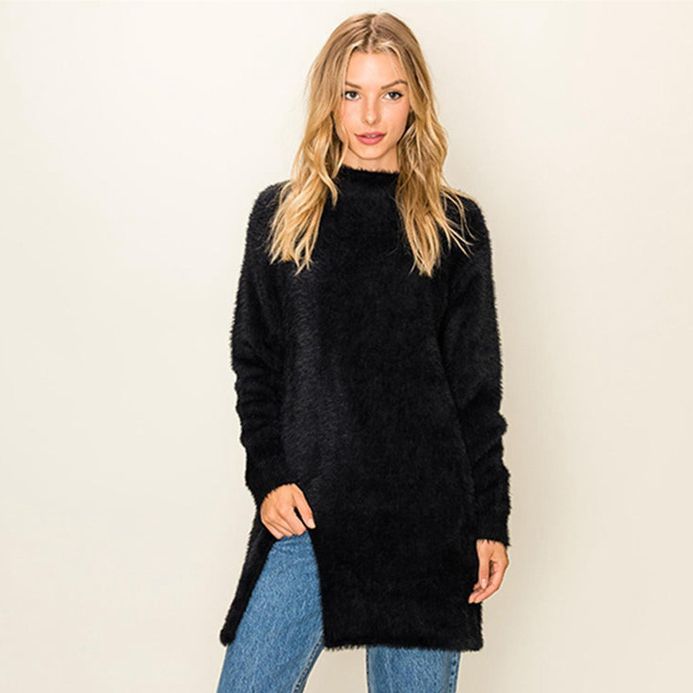 Damen Kuscheliger Longpullover mit seitlichen Schlitzen und weichem Material Drune