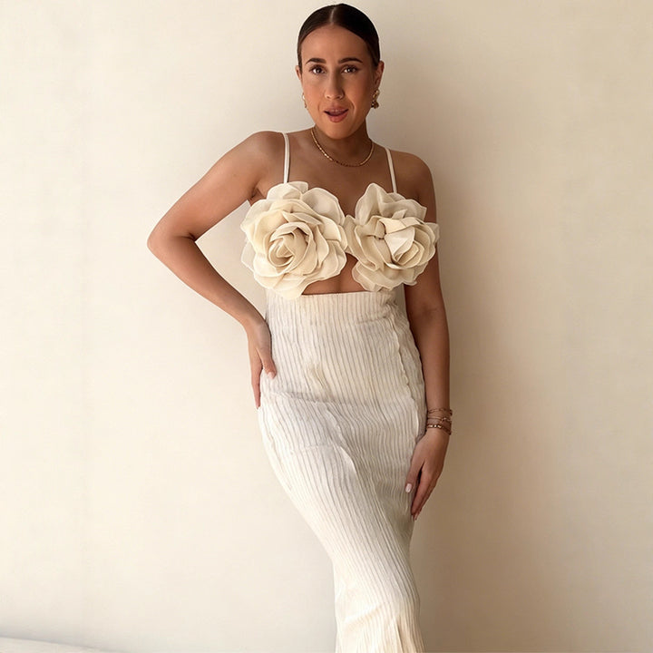 Damen Crop-Top mit floralen 3D-Blütenapplikationen und elegantem Schnitt Drune