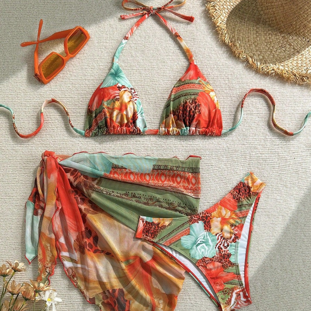 Damen Triangel-Bikini mit floralem Design und seidigem Cover-Up Drune