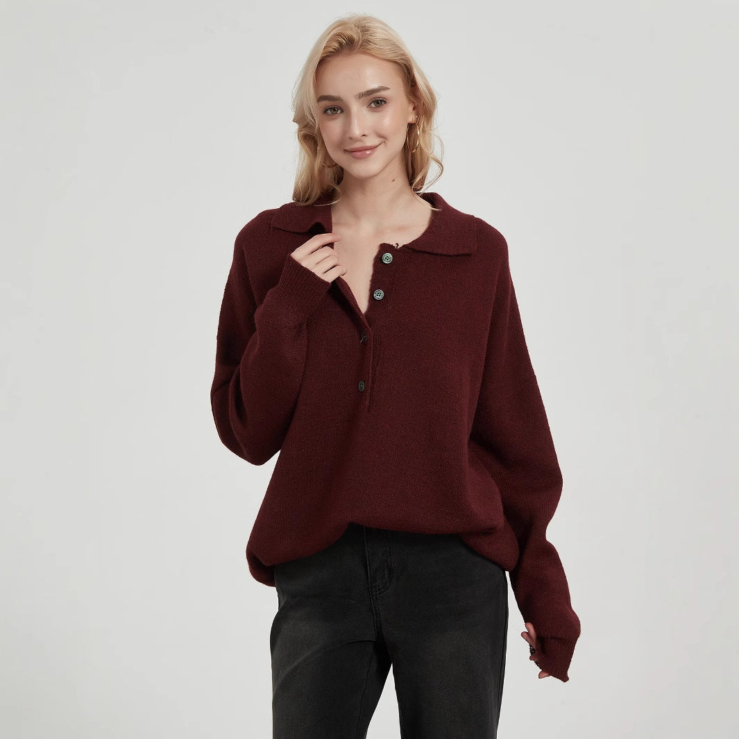 Damen Oversized Strickpullover mit elegantem Kragen und Knopfdetails Drune