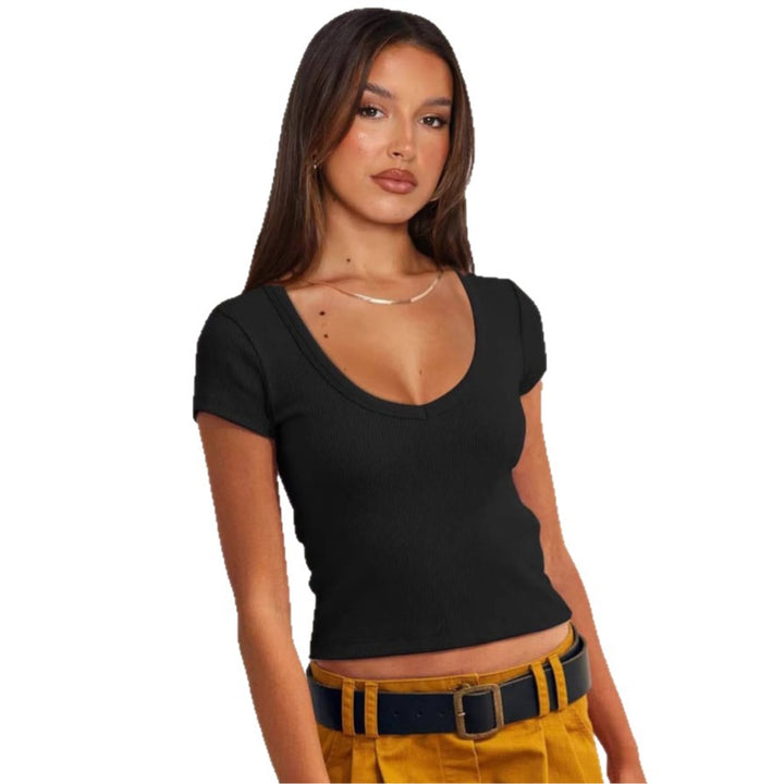 Damen figurbetontes Ripp-T-Shirt mit V-Ausschnitt und kurzen Ärmeln Drune