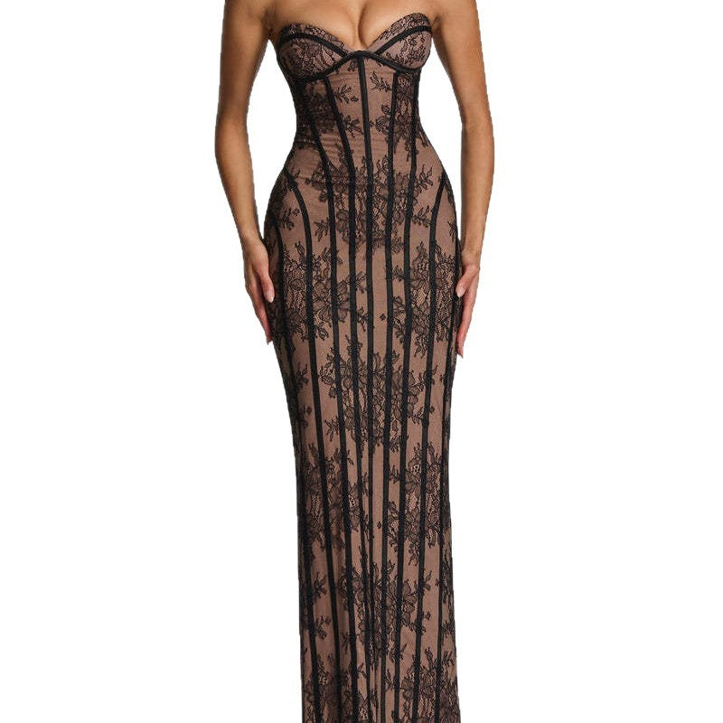 Damen figurbetontes Spitzenkleid mit schulterfreiem Design und elegantem Taillenschnitt Drune