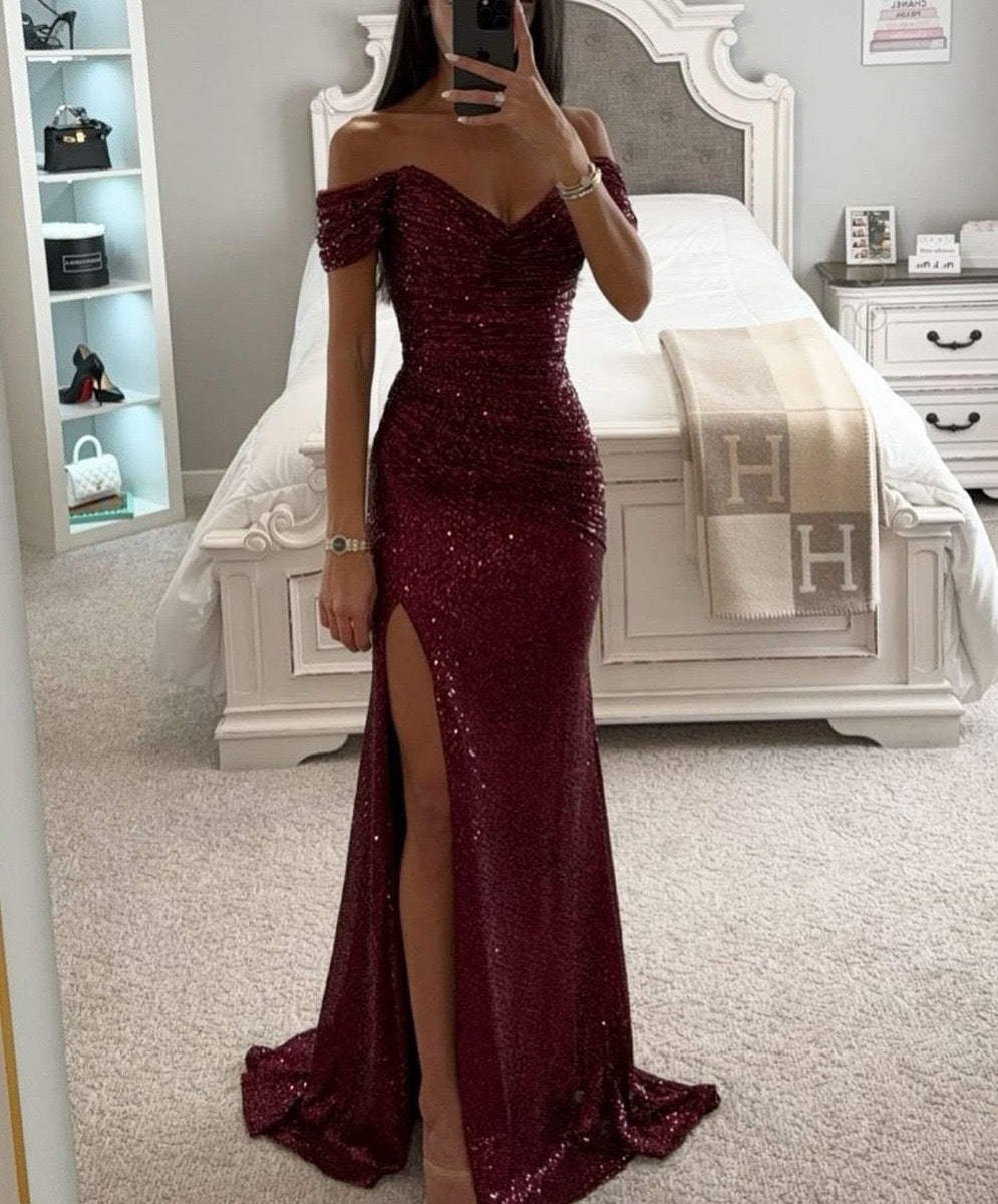 Damen Glamouröses Abendkleid mit schulterfreiem Schnitt und schimmerndem Stoff Drune