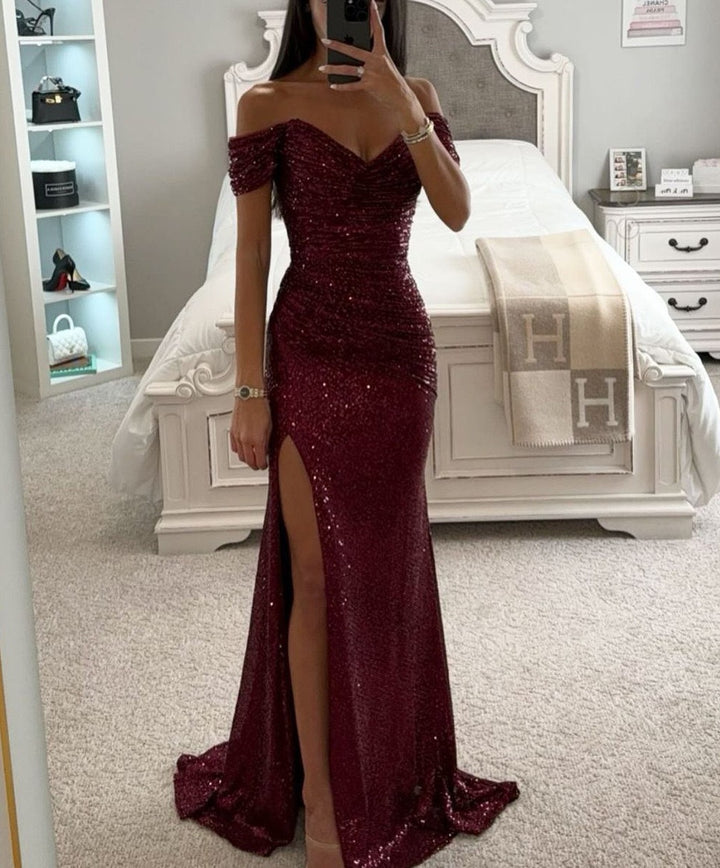Damen Glamouröses Abendkleid mit schulterfreiem Schnitt und schimmerndem Stoff Drune