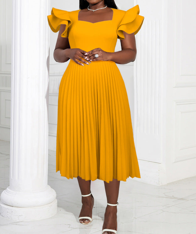 Damen plissiertes Maxikleid mit eleganten Rüschendetails Drune