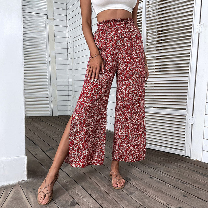 Damen Weite Palazzo-Hose mit floralem Muster und hohen Seitenschlitzen Drune