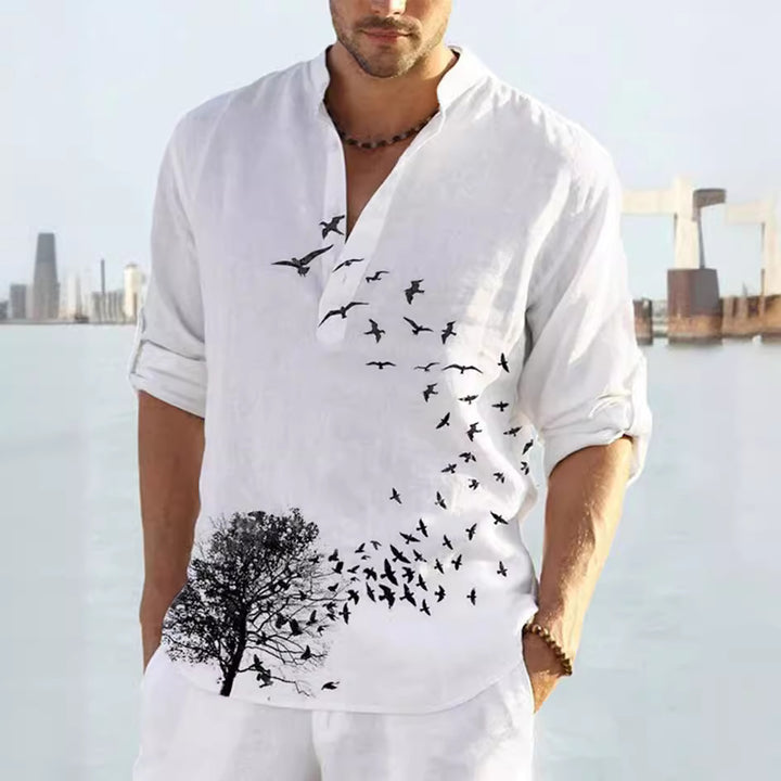 Herren Leinenhemd mit einzigartigem Federdesign und modischem Henley-Ausschnitt Drune