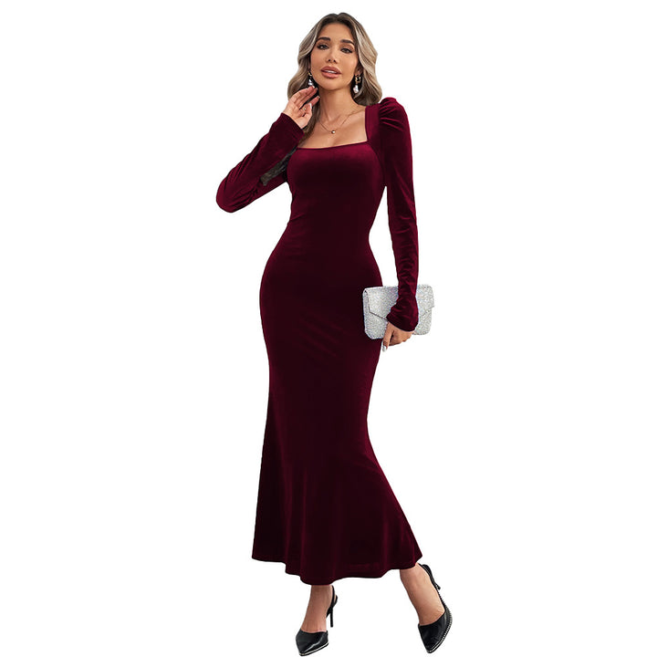 Damen Samt Maxikleid mit elegantem Quadrat-Ausschnitt und langen Puffärmeln Drune