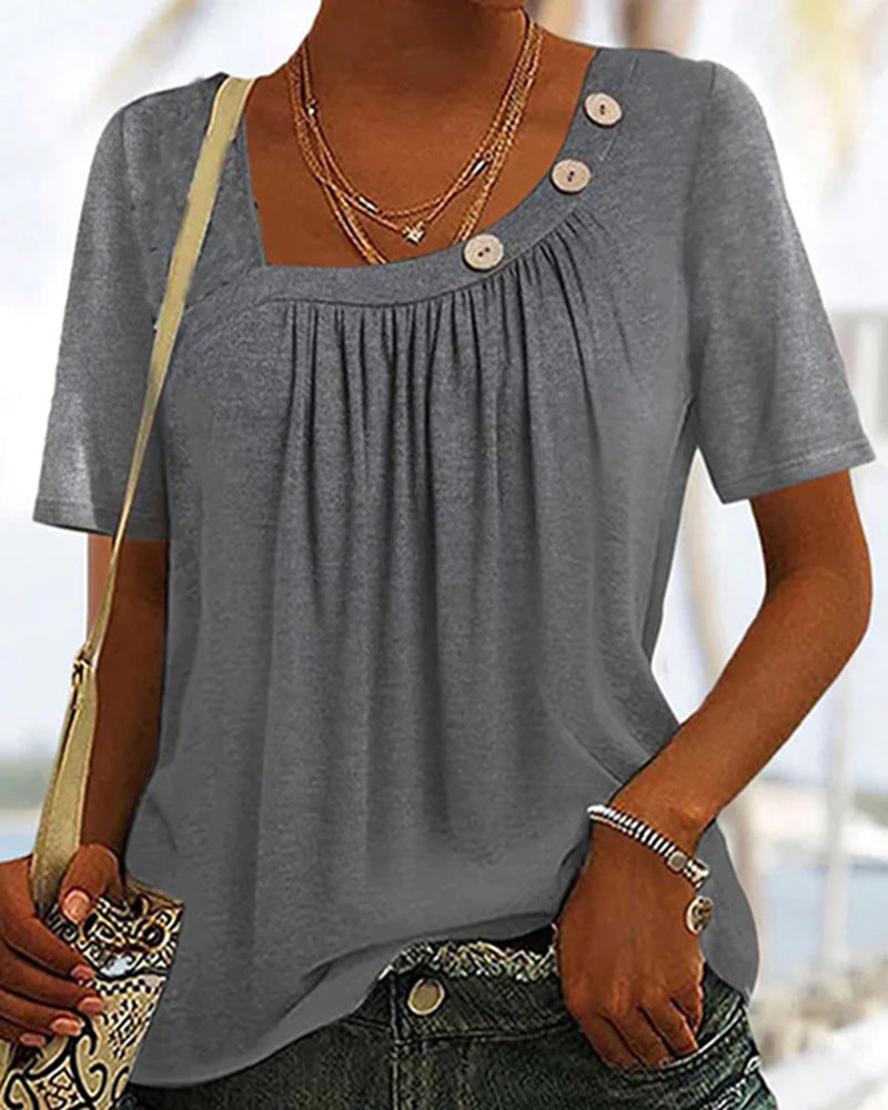 Damen nan locker sitzendes Kurzarmshirt mit quadratischem Ausschnitt, geraffter Brustpartie und Zierknopf-Detail Drune